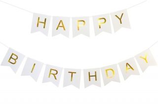 Парти банер ”Happy birthday ” бял със златни букви
