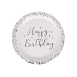 Парти чинийки бели със сребърен надпис Happy birthday