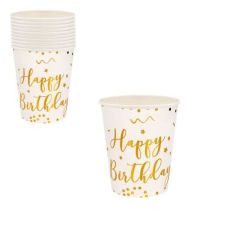 Парти чаши бели със златен надпис Happy birthday