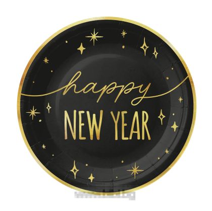 Парти чинийки със златен надпис Happy New Year - 6 броя