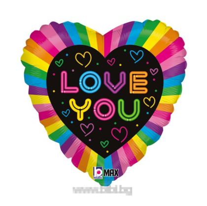 Фолио балон Сърце неонови цветове и надпис Love You