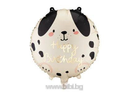 Фолио балон Куче в бежов и черен цвят със златен надпис Happy Birthday