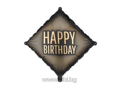 Фолиев балон ромб черно и златно с надпис Happy birthday / black / gold