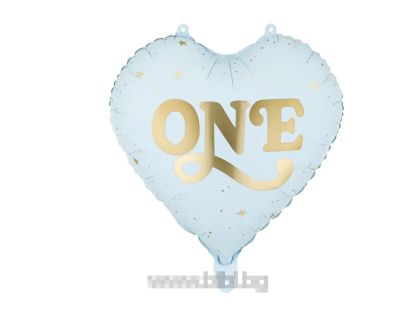 Фолио балон сърце в бледо син цвят със златен надпис ONE