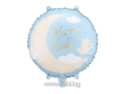 Фолио балон кръг в цвят бледо синьо и бежово със златен надпис Welcome Baby