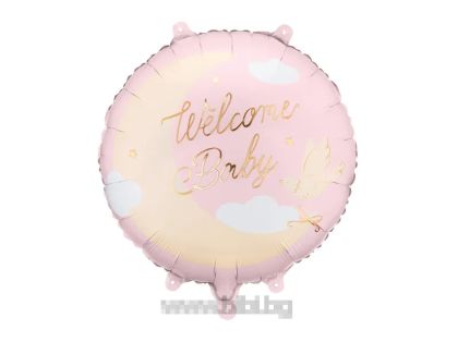 Фолио балон кръг в цвят бледо розово и бежово със златен надпис Welcome Baby