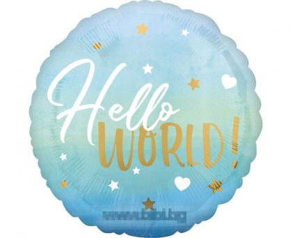Фолио балон с надпис Hello world в син цвят