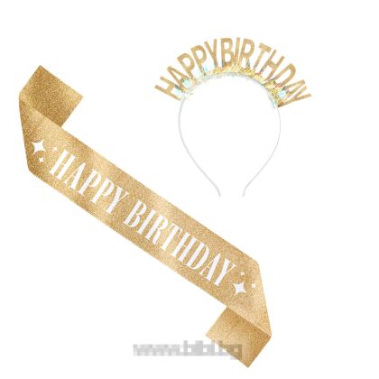 Комплект диадема и лента с надпис Happy birthday в златен цвят