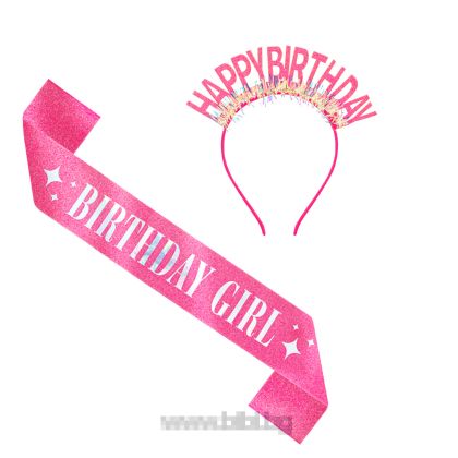 Комплект диадема и лента с надпис Birthday Girl в розов цвят