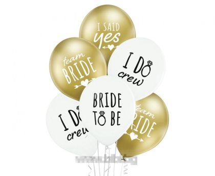Балони за моминско парти в бяло и златен хром с различни надписи / Bride to be , Team bride , I do crew - 6 броя