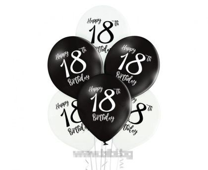 Балони Happy 18 th birthday в бяло и черно - 6 броя