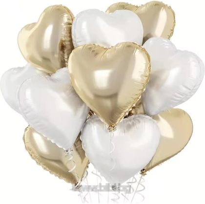 Комплект фолио балони сърца цвят Светло злато и сивкаво бяло / Light gold and white - 10 броя