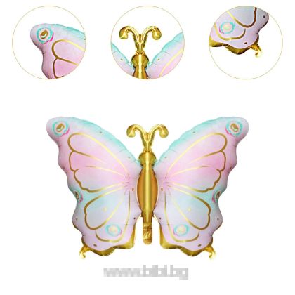 Фолио балон Пеперуда цвят Розово , зелено и златно / Pink , green & gold