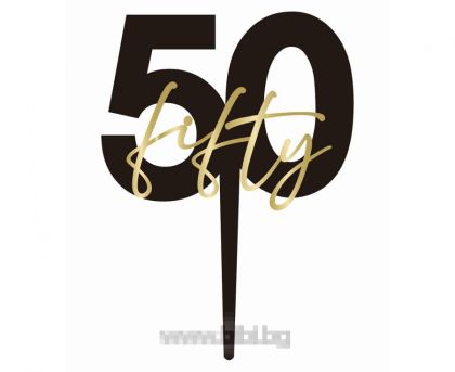 Топер за торта Черен със златен надпис Fifty 50 / Black & Gold