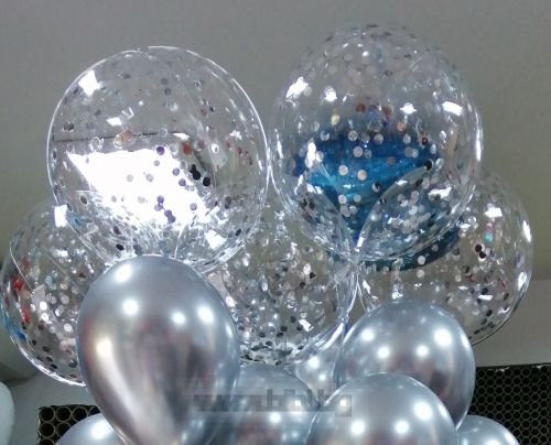 Прозрачен Bubble балон 45 см със сребърни конфети с хелий