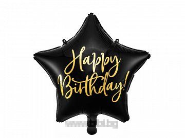 Фолио балон Звезда Happy birthday в цвят Черен
