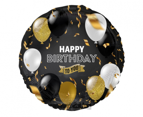 Фолио балон черен със бял/златен/черен надпис Happy birthday to You с хелий
