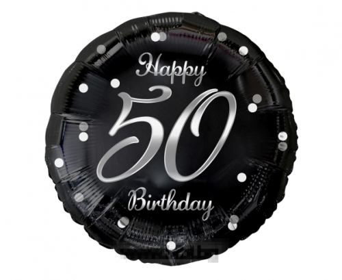 Фолио балон черен със сребърен надпис Happy birthday 50 с хелий