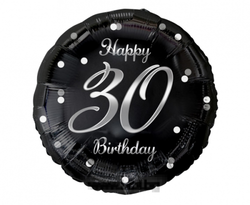 Фолио балон черен със сребърен надпис Happy birthday 30 с хелий