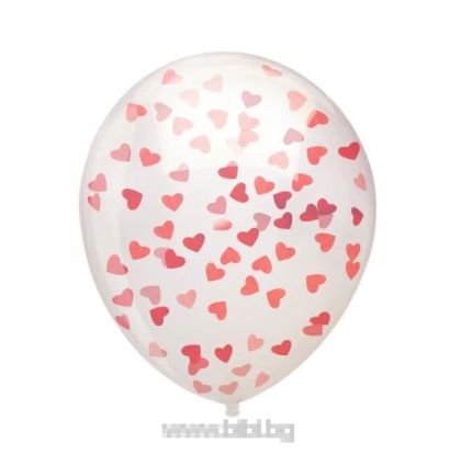 Прозрачен балон 30 см с Червени Сърца конфети-5 бр./пак