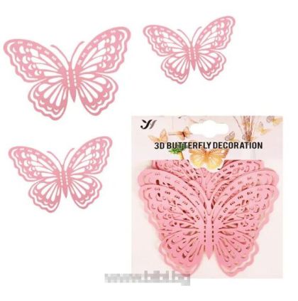 3D Пеперуди за декорация цвят Розов - 12 бр.