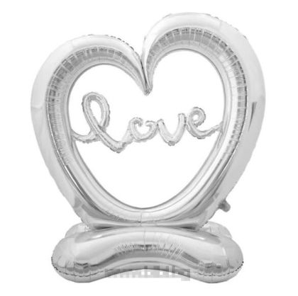 Огромен фолиев балон Сърце на стойка с надпис Love - сребърно 59"/150 см.