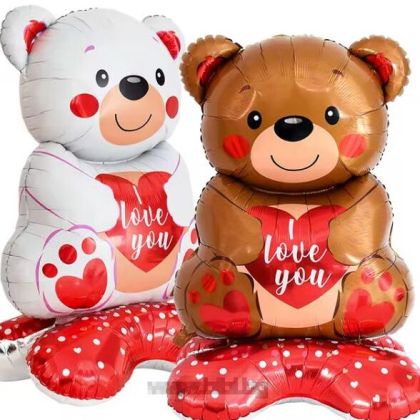 Огромен фолиев балон мече на стойка с надпис I love you - кафяво 150 см.