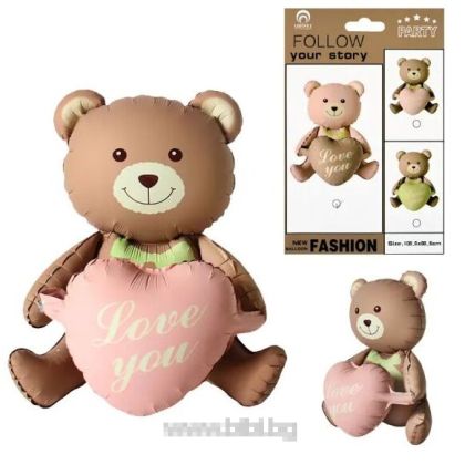 Фолио балон Кафяво мече с розово сърце Love You