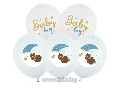 Латексов балон с цветен печат Baby boy с луна и мече -6 броя в пакет