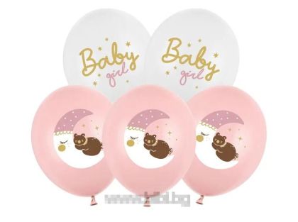 Латексов балон с цветен печат Baby girl с луна и мече -6 броя в пакет