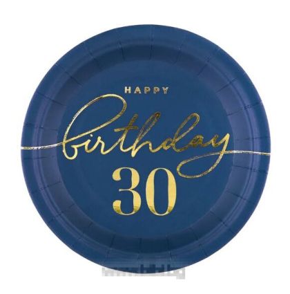 Парти чинийки Happy Birthday 30 тъмно синьо / златно - 6 броя