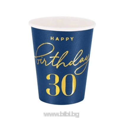 Парти чашки Happy Birthday 30 тъмно синьо / златно - 6 бр.