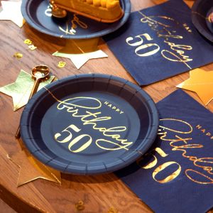 Парти чинийки Happy Birthday 50 тъмно синьо / златно - 6 броя