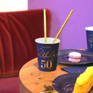 Парти чашки Happy Birthday 50 тъмно синьо / златно - 6 броя