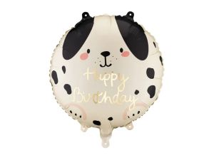 Фолио балон Куче в бежов и черен цвят със златен надпис Happy Birthday