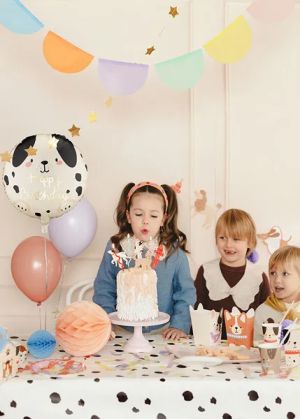 Фолио балон Куче в бежов и черен цвят със златен надпис Happy Birthday