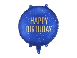 Фолиев балон кръг в Син цвят със златен надис Happy Birthday