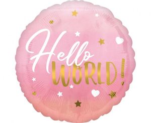 Фолио балон с надпис Hello world в розов цвят
