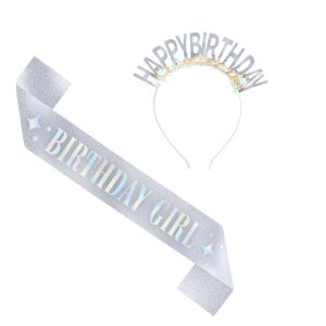 Комплект диадема и лента с надпис Happy birthday в сребъерн цвят