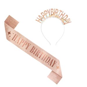 Комплект диадема и лента с надпис Happy birthday в Розово златен цвят / rose gold