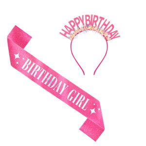 Комплект диадема и лента с надпис Birthday Girl в розов цвят