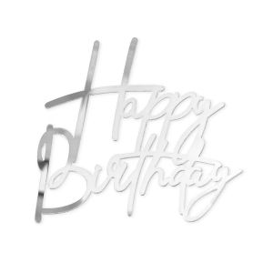 Топер за торта в огледален Сребърен цвят Happy Birthday 