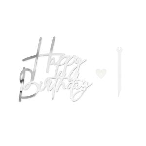 Топер за торта в огледален Сребърен цвят Happy Birthday 