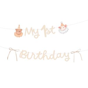 Парти банер My 1st birthday в кремав цвят с мече и мишка