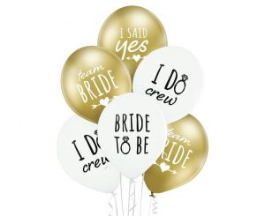 Балони за моминско парти в бяло и златен хром с различни надписи / Bride to be , Team bride , I do crew - 6 броя