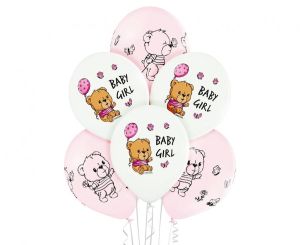 Балон Baby girl  с мече в бяло и розово - 6 броя