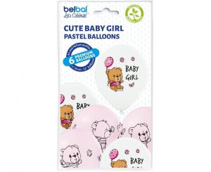 Балон Baby girl  с мече в бяло и розово - 6 броя
