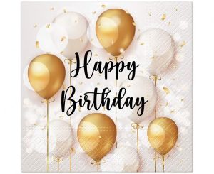 Парти Салфетки Happy birthday на бели и златни балони