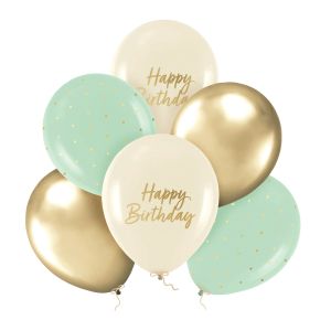 Балони с Happy birthday зелен, златен и бежов / Green , gold and beige - 6 броя