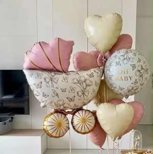 Фолио балон бебешка количка в цвят Розово , бежово и златно / Pink , beige , gold